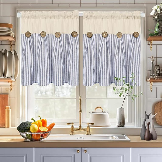 ASPMIZ Cotton Linen Kitchen Curtains 24 Inch Length Sets, Boho Rustic Button Tier Curtain Farmhouse Blue Stripe Half Window Curtains, Country Short Rod Pocket Curtain for Small Window, 2 Panels