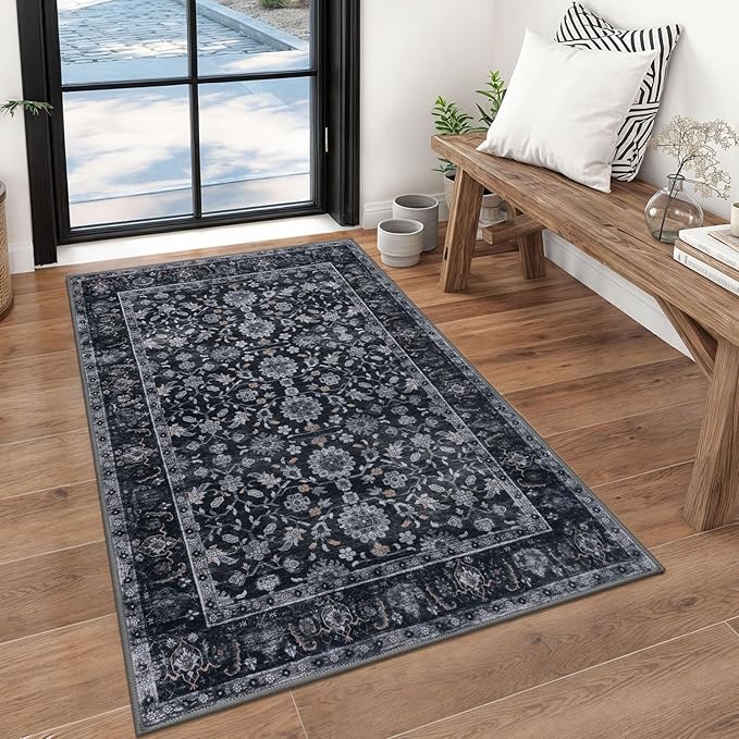 KUTA 3x5 Rugs for Entryway, Vintage Floral Area Rug Washable Non-Slip Black Grey Orange Ultra Thin Soft Printed Distressed Entry Low-Pile Throw Carpet for Bedroom Nursery Living Room