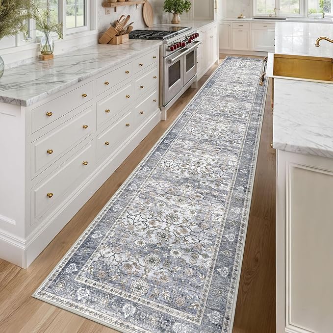 KUTA Vintage Washable Long Hallway Runner Rug, 2.6x16 Grey Blue Non-Slip Kitchen Rugs Ultra Thin Soft Printed Distressed Oriental Floral Floor Carpet for Laundry Bedroom Living Room Nursery
