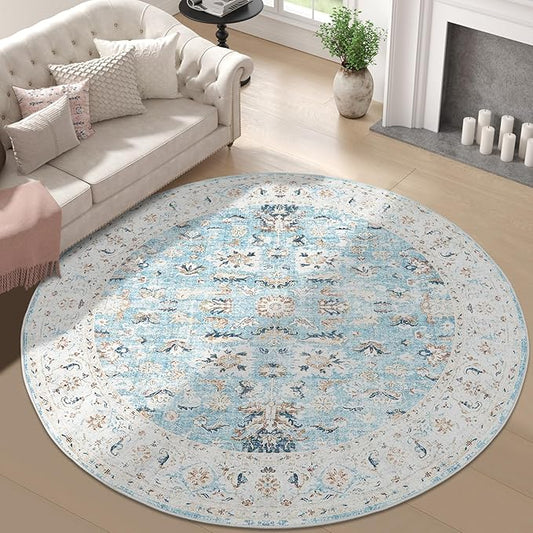 jinchan Round Rug 6ft Area Rug - Washable Boho Vintage Floral Circle 6' Round Floor Cover Lightweight Low Pile Thin Throw Non-Slip Carpet for Kitchen Living Room Bedroom Dining Room Office Light Blue