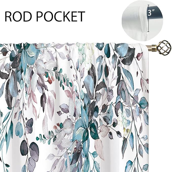 Blue Grey Eucalyptus Botanical Leaves Floral Kitchen Window Curtains Over Sink Farmhouse Flower Leaf Small Window Treatment Cafe Short Curtains for Bathroom Treatment Tier Drapes 26x36 inch