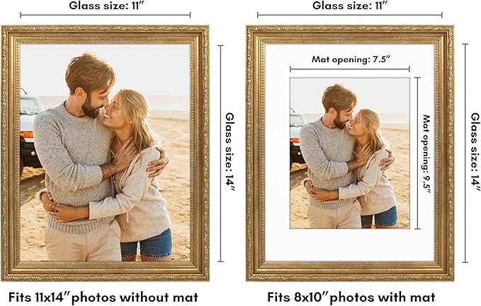 Americanflat 11x14 Picture Frame with Shatter-Resistant Glass - Use as 8x10 Frame with Mat or Display 11x14 Photo Without Mat - Ornate Picture Frames for Wall Display - Gold