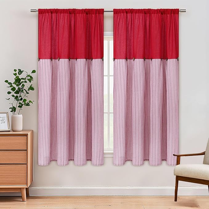 ASPMIZ Farmhouse Living Room Curtains Boho, Country Linen Curtains with Rustic Buttons, Rod Pocket & Back Tab Red Striped Curtain for Bedroom Window Curtain Home Decor, 52 x 63 Inch, 2 Panels