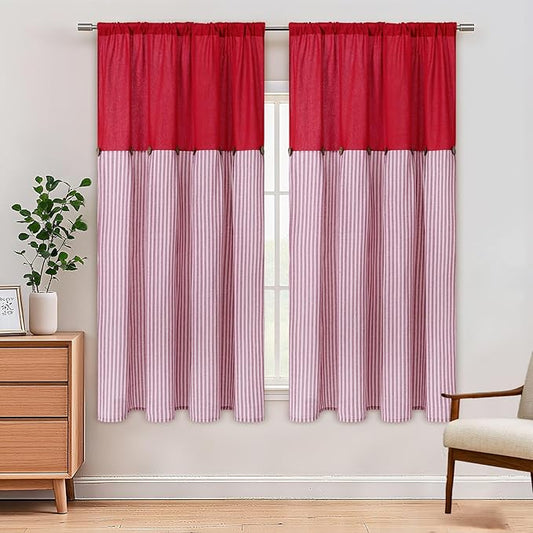 ASPMIZ Farmhouse Living Room Curtains Boho, Country Linen Curtains with Rustic Buttons, Rod Pocket & Back Tab Red Striped Curtain for Bedroom Window Curtain Home Decor, 52 x 63 Inch, 2 Panels