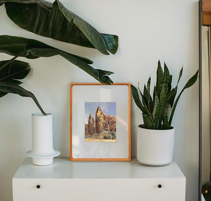 11x14 Picture Frame with Mat for 5x7/8x10, Natural Teak Wood Handcrafted Rounded Corner with Real Glass, Vertical or Horizontal Display Photo Gallery Wall Mounting Frame