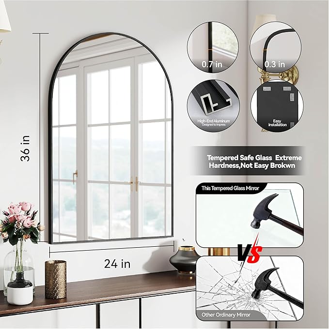 SCWF-GZ 36x24 Arch Mirror Rectangle Full Length Wall Mounted Hanging or Against Wall Metal Aluminium Alloy Frame Dressing Make-up Mirrors for Entryway Bedroom Bathroom Living Room 36 24 inch Black