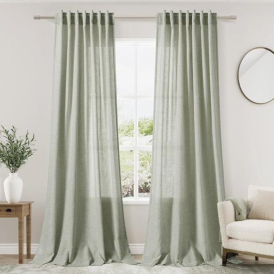 Nanspring Sage Green Curtains 84 Inch Length 2 Panels Back Tab Rod Pocket Light Filtering Semi Sheer Drapes Linen Cotton Textured Airy Farmhouse Living Room Decor Light Green Curtains for Bedroom