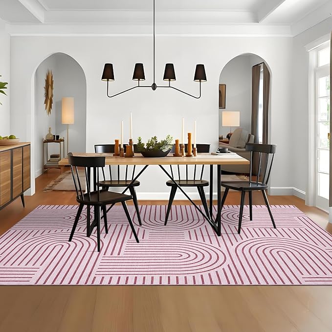 ROYHOME Washable Rug 5x7 Area Rugs for Living Room, Abstract Rug for Bedroom, Soft Rainbow Non Slip Throw Rugs with Rubber Back, Low Pile Stain Resistant Boho Geometric Carpet for Dining Room, Pink