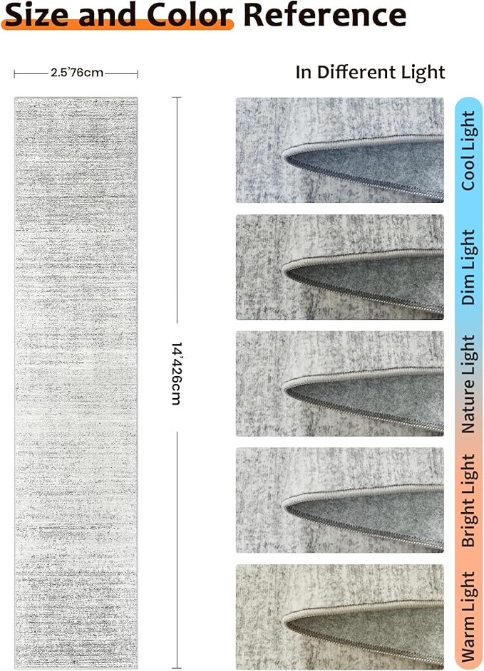 Art&Tuft Non-Slip Runner Rug - 2'6"x14' Runner Rug Washable Low-Pile Rugs Runners, Soft Distressed Carpet Runner for Bedroom Bathroom Kitchen Laundry Living Room, Grey