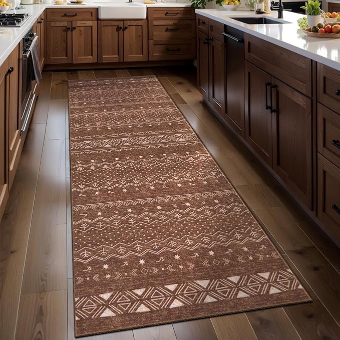 SERISSA 2x6 Kitchen Runner Rug, Washable Non-Slip Coffee Brown Boho Rug, Soft Low-Pile Geometric Indoor Carpet for Hallway Laundry Room Bathroom Bedroom Entryway