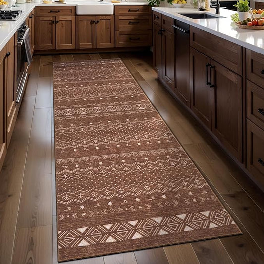 SERISSA 2x6 Kitchen Runner Rug, Washable Non-Slip Coffee Brown Boho Rug, Soft Low-Pile Geometric Indoor Carpet for Hallway Laundry Room Bathroom Bedroom Entryway