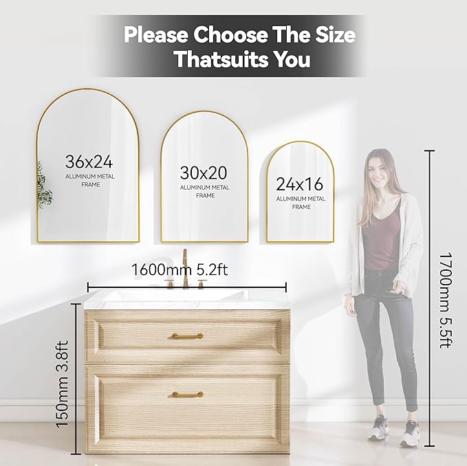 SCWF-GZ 30x20 Arch Mirror Rectangle Wall Mounted Hanging or Against Wall Metal Aluminum Alloy Frame Mirrors for Entryway Bedroom Bathroom Living Room 30 20 inch Gold