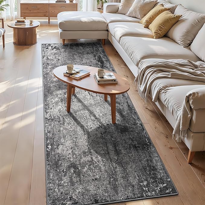 3x8 Black Rug Runners for Hallways Kitchen Runner Rug Non Slip Washable Black Long Runner Rugs with Rubber Backing Soft Abstract Carpet Runner for Bedroom, Kitchen, Bathroom, Entryway