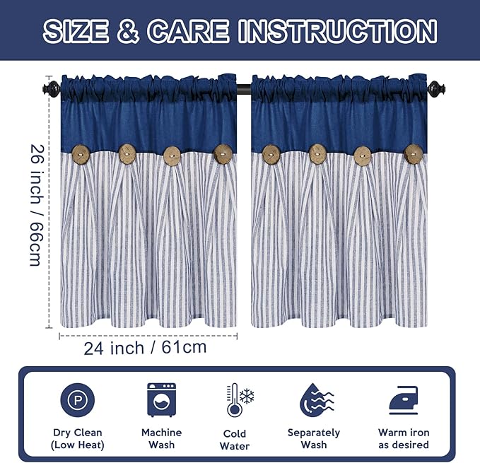 ASPMIZ Cotton Linen Kitchen Curtains 36 Inch Length, Farmhouse Rod Pocket Short Curtains for Window, Blue Striped Small Window Curtain Boho Rustic Button Window Treatment Tiers for Bathroom, Cafe