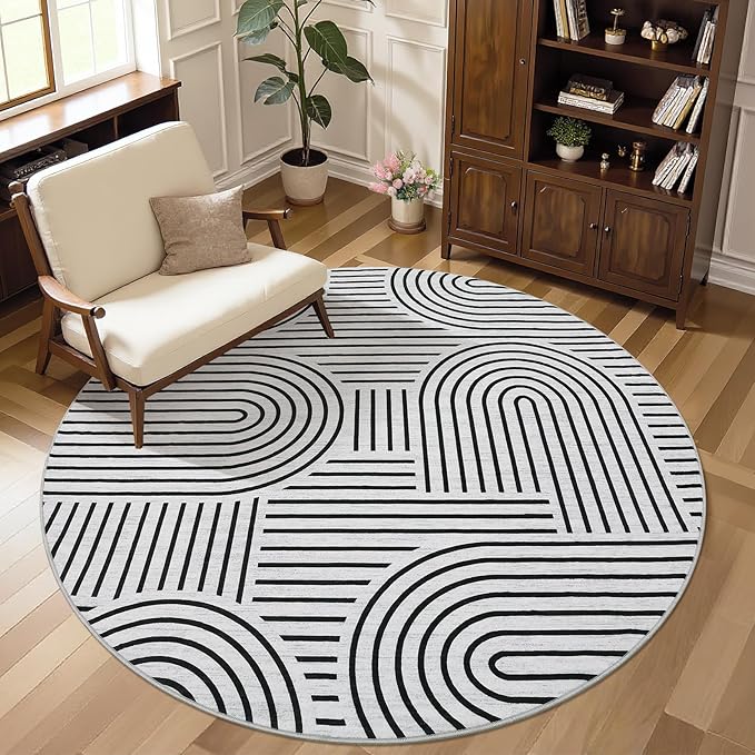 Washable Rug 4ft Area Rugs for Living Room, Abstract Rug for Bedroom, Soft Rainbow Non Slip Throw Rugs with Rubber Back, Low Pile Stain Resistant Boho Geometric Carpet for Dining Room,Blackwhite