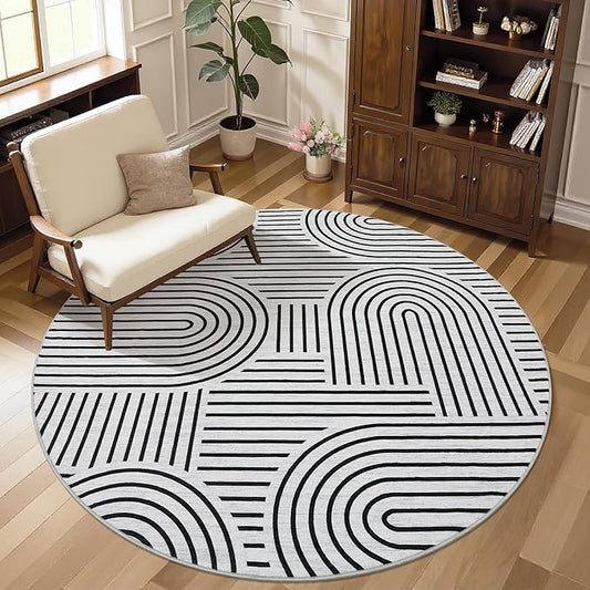 Washable Rug 4ft Area Rugs for Living Room, Abstract Rug for Bedroom, Soft Rainbow Non Slip Throw Rugs with Rubber Back, Low Pile Stain Resistant Boho Geometric Carpet for Dining Room,Blackwhite
