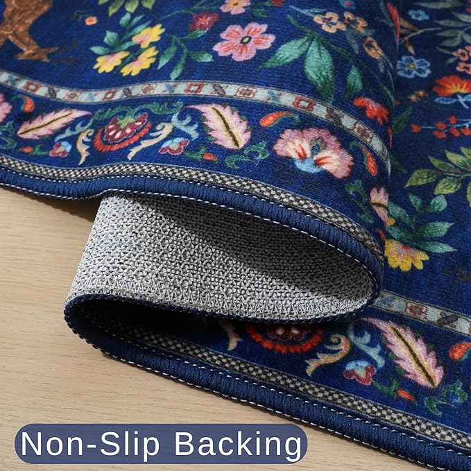 Rugcomf Living Room Rug 5x7 Rug Machine Washable Area Rug Floral Non-Slip Low Pile Large Rugs for Living Room, Bedroom, Farmhouse, Dining Room, Kids Playroom(Blue)