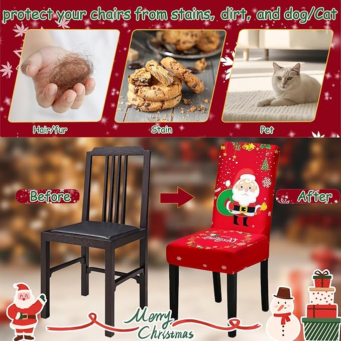 Christmas Chair Covers, Stretch Dining Room Chair Covers Set of 6, Christmas Decoration/Home Decor Chair Protector Slipcovers