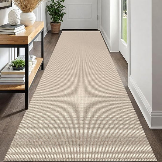 IOHOUZE Washable Runner Rug 3x12 Non Slip Rubber Backed Extra Long Hallway Runner Entryway Runner Indoor, Kitchen Rugs Woven Cotton Floor Carpet for Hall Entrance, Beige/Khaki