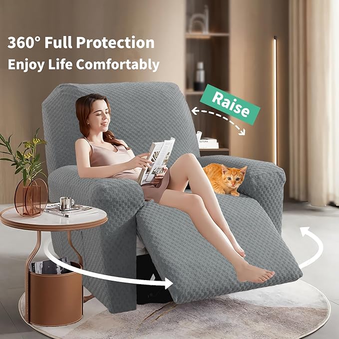 YEMYHOM 4 Pieces Oversized Stretch Recliner Slipcover Latest Jacquard Large Recliner Chair Cover with Side Pocket Anti-Slip Furniture Protector with Elastic Bottom (X-Large Recliner, Light Gray)