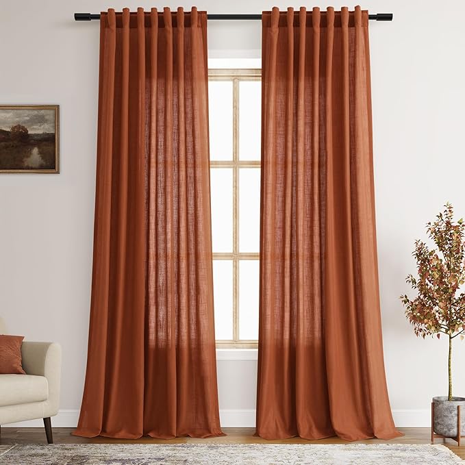 Terracotta Linen Curtains 92 inches Long 2 Panel Set Back Tab Rod Pocket Rustic Farmhouse Boho Curtains for Living Room Semi Sheer Brick Burnt Orange Bohemian Fall Decor for Dining Room Rust