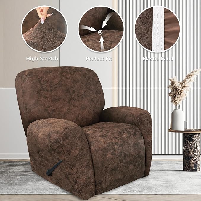 ANARACHON Leather Look Recliner Chair Covers Stay in Place 4-Piece Recliner Slipcovers for Reclining Chair Furniture Protector Spandex Fabric Washable (Large, Dark Brown)