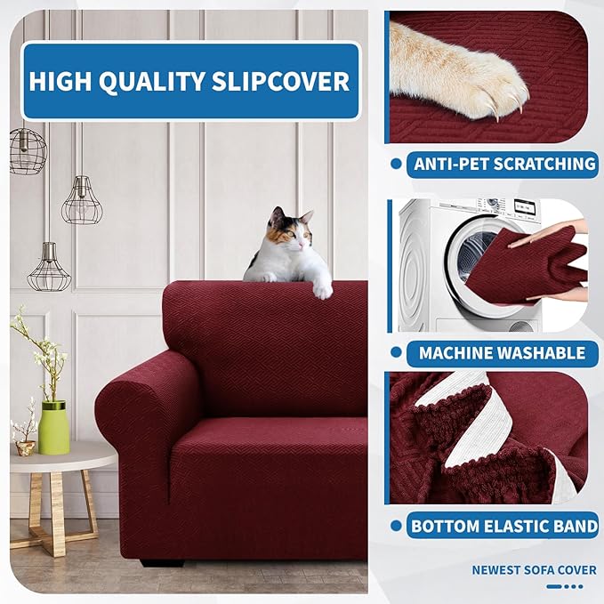 XINEAGE 2026 New 1 Piece Couch Covers for 2 Cushion (55"-69") Stretch Loveseat Sofa Cover Slipcover Jacquard Universal Furniture Protector with Elastic Bottom for Kids,Dog (Loveseat, Wine Red)