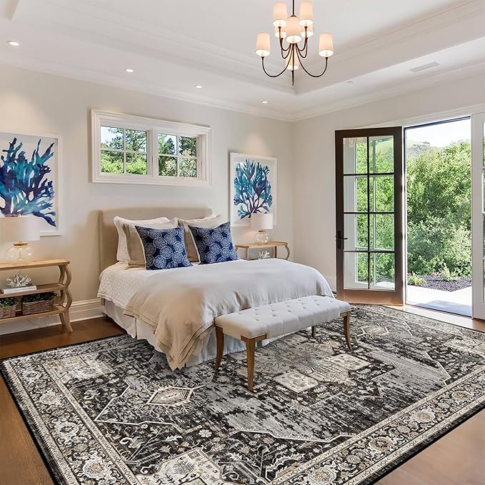 RUUGME Washable 8x10 Area Rugs - Large Rugs for Living Room Stain Resistant Carpet Vintage Rugs for Bedroom with Non Slip Backing Home Decor Floor Decoration Mat (8x10 Black)