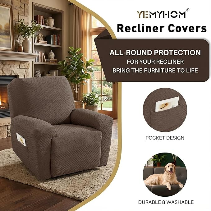 YEMYHOM 4 Pieces Stretch Recliner Slipcover Latest Jacquard Recliner Chair Cover with Side Pocket Anti-Slip Fitted Recliner Cover Couch Furniture Protector with Elastic Bottom (Recliner, Light Coffee)