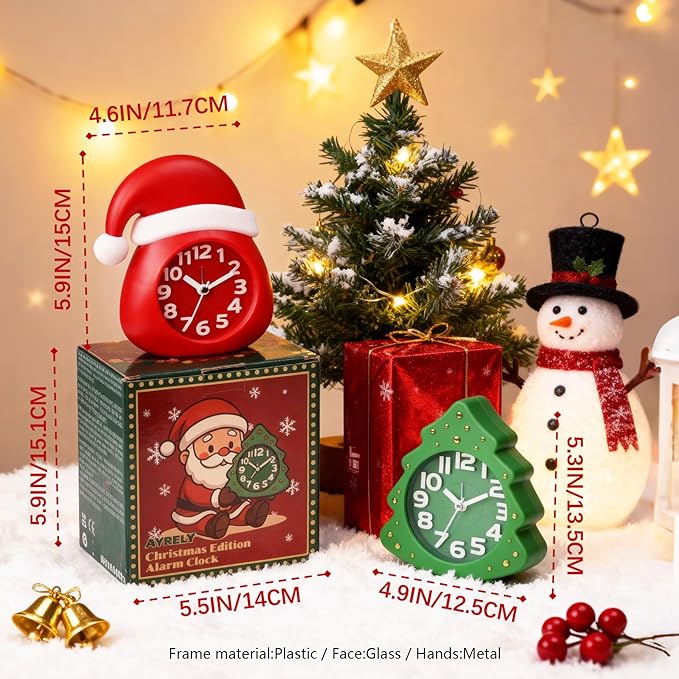 AYRELY?? Christmas Alarm Clock Gift Set ?€? 2 Silent Analog Clocks (Santa Hat & Christmas Tree), Ready-to-Gift Holiday Edition for Kids & Family, with Festive Gift Box