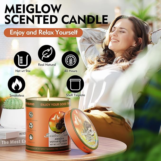 2 Pack Scented Candles (90 Total Burn Hours) - Soy Wax Candles 9 oz Each in Tin - Long Lasting Aromatherapy Candle Gift Set (Amber Vetiver Musk)