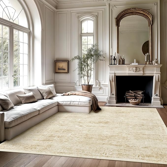 Soalmost Washable Area Rug 9x12, Large Soft Rugs for Living Room Vintage Beige Rug 9x12 Area Rugs for Bedroom Dining Room Floral Non-Slip Thin Rug