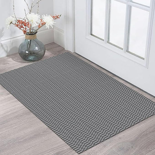 KOZYFLY Washable Area Rug 2x3 Ft Small Entryway Rug Indoor Door Mat Throw Rugs with Rubber Backing, Braided Cotton Floor Carpet for Front Entrance Bathroom Kitchen Foyer, Grey/Charcoal Grey