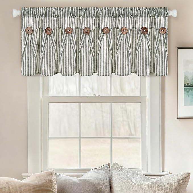 ASPMIZ Farmhouse Valances for Windows, Cotton Linen Kitchen Curtains Valances with Rustic Buttons, Green Striped Window Valance for Living Room, Boho Valance Curtains for Bathroom, 52 x 18 Inches