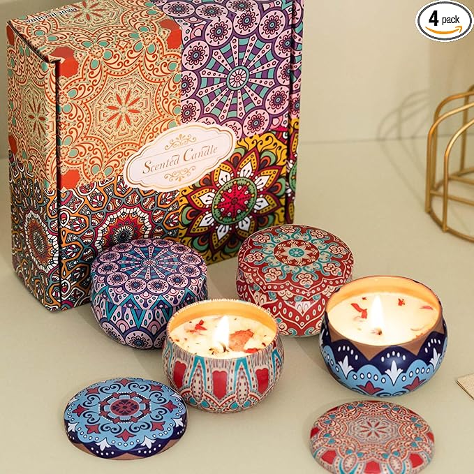 Scented Candles Gift Set, 2.5 oz Aromatherapy Candles for Home, Portable Hotel Candles, Natural Soy Wax Tin Jar Candles for Yoga, Bath, Long Lasting Time Candles Gift for Women 4 Pack