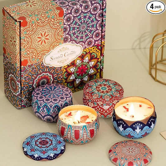 Scented Candles Gift Set, 2.5 oz Aromatherapy Candles for Home, Portable Hotel Candles, Natural Soy Wax Tin Jar Candles for Yoga, Bath, Long Lasting Time Candles Gift for Women 4 Pack