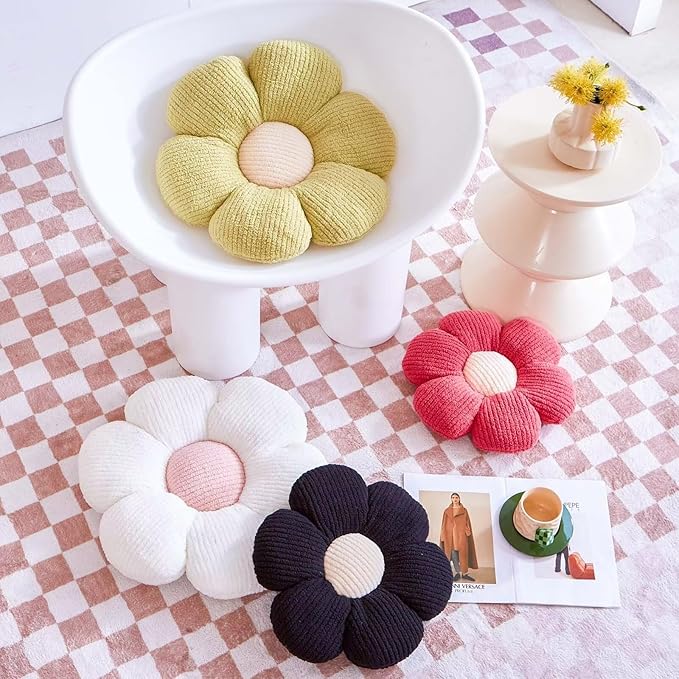 Black Flower Decorative Throw Pillow for Bed Couch, Cute Daisy Shaped Plush Aesthetic Pillow, Soft 19.6" Floor Pillow Seat Cushion