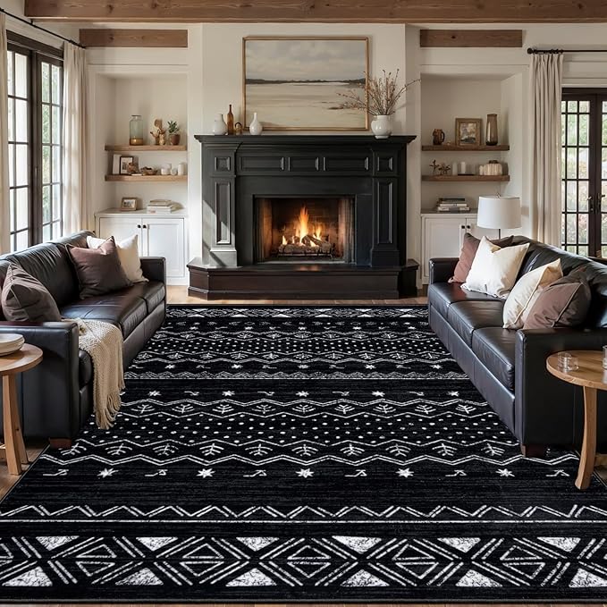 SERISSA 9x12 Area Rugs for Living Room, Washable Non-Slip Black and White Boho Rug, Soft Low-Pile Geometric Indoor Large Carpet for Dining Room Bedroom Home Office Playroom