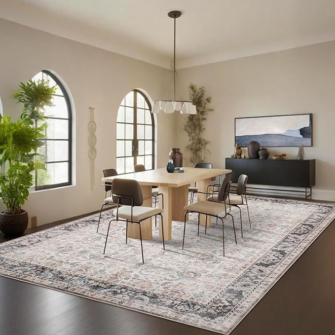 GarveeHome Washable Rugs for Living Room, Vintage Neutral Area Rug, Ultra Soft Low Pile Oriental Floral Carpet, Non Slip & Stain Resistant Retro Floor Mats for Home Decor