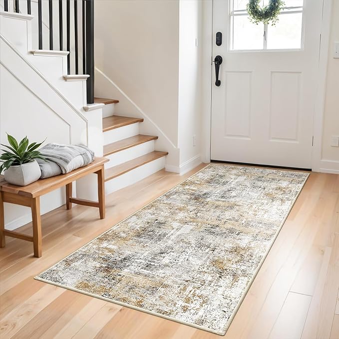 3x6 Washable Non-Slip Kitchen Runner Rug – Modern Abstract Wide Floor Carpet Runner with Rubber Backing for Entryway, Hallway, Bathroom, Living Room, Low Pile Thin (Gold Grey)