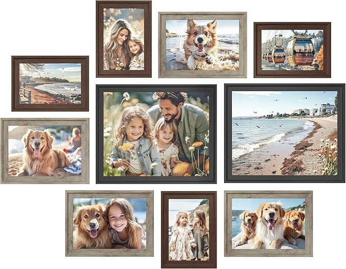 SONGMICS Picture Frames with 16 Mats, Set of 10 Collage Photo Frames, Two 8x10, Four 5x7, Four 4x6, Hanging or Table Display,12 Non-Trace Nails, Maroon Brown, Heather Greige, Ash Black URPF049K04