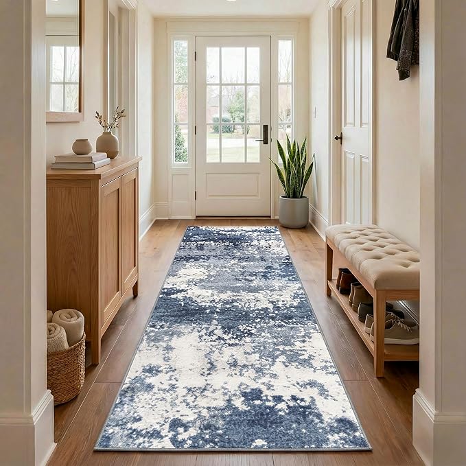 Blue Rug Runners for Hallways Kitchen 2.6x8 Non Slip Washable Entryway Runner Rugs with Rubber Backing 8ft Long Carpet Runner for Laundry Bedroom, Low Pile Stain & Fade Resistant, Abstract Navy