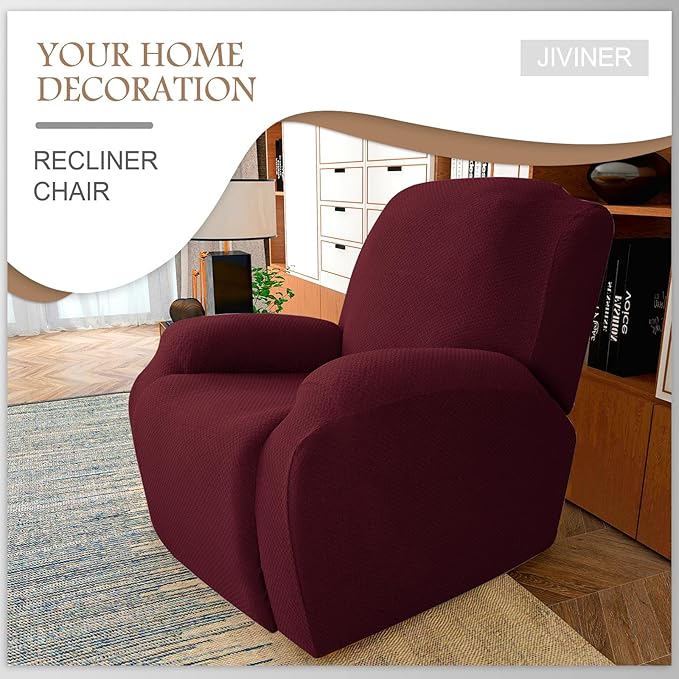 JIVINER 4-Piece Recliner Chair Covers Stretch Jacquard Covers for Reclining Chair Recliner Slipcovers for Living Room Soft Recliner Protector with Pocket (Recliner, Wine Red)