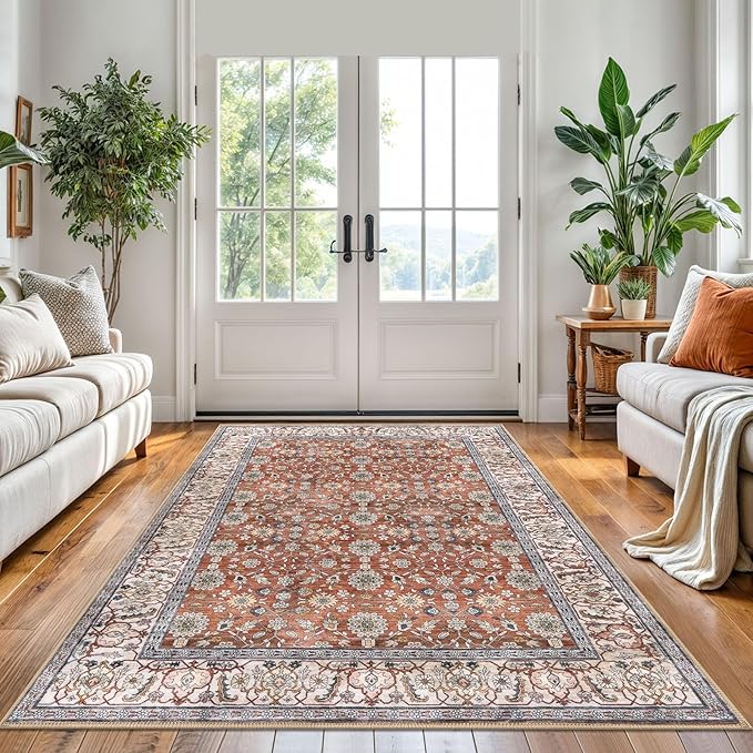 KUTA 5x7 Area Rugs, Vintage Red Clay Washable Rugs for Living Room Ultra Thin Soft Non-Slip Printed Distressed Tribal Traditional Farmhouse Carpet for Bedroom Dining Room Dorm Office Home