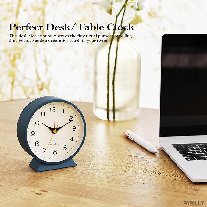 AYRELY?? 4.5" Analog Alarm Clock,Small Retro Desk Clock Battery Operated,Slient Metal Table Clock with Light for Living Room Decor,Bedroom,Bedside,Shelf (Blue)