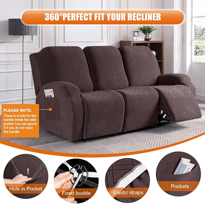 VANSOFY Recliner Cover, 3-Pieces Stretch Reclining Couch Covers with Pockets Reclining Sofa Slipcovers 3 Seater Soft Washable Furniture Protector for Dogs Cats(Dark Coffee)