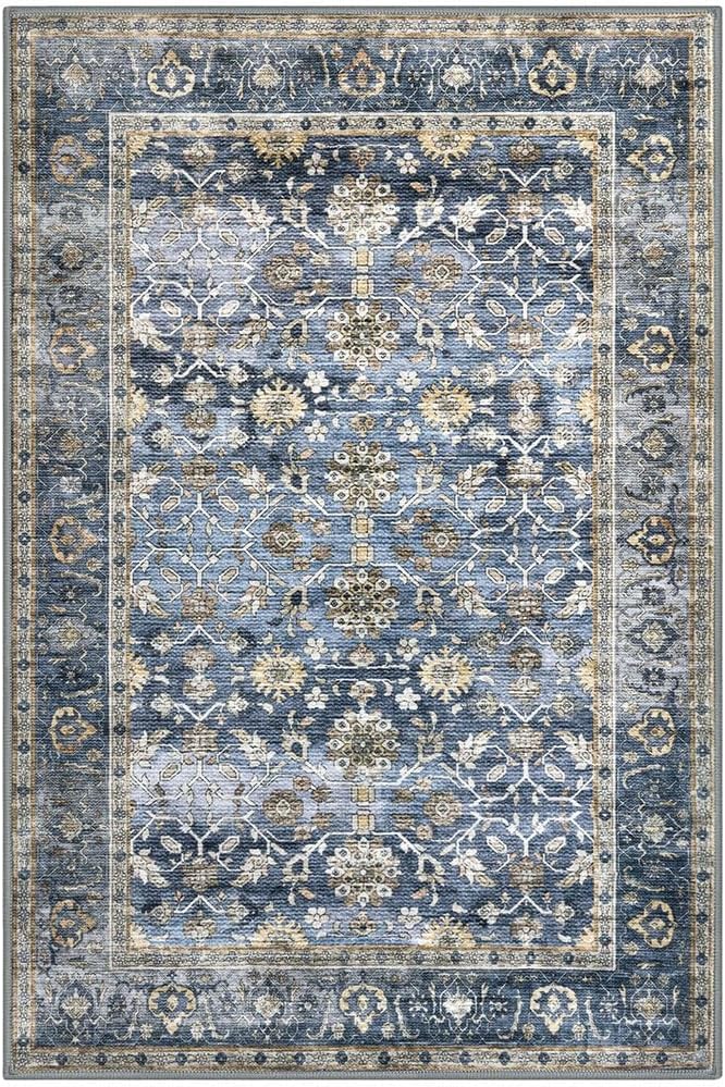 KUTA Floral Area Rugs for Living Room 8x10 Blue Grey Beige, Washable Large Rug for Bedroom 8ft x 10ft Non-Slip, Low-Pile Ultra Thin Soft Printed Vintage Medallion Distressed Dining Room Carpet