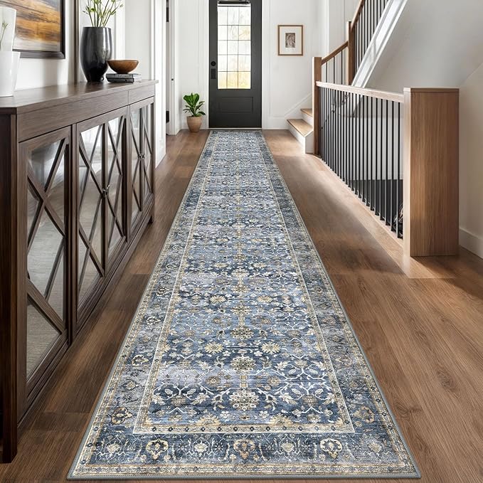 KUTA Vintage Washable Long Runner Rug, 2.6x18 Blue Grey Beige Runners for Hallways Non-Slip Kitchen Rugs Ultra Thin Soft Printed Distressed Floral Floor Carpet for Bedroom Living Room Nursery