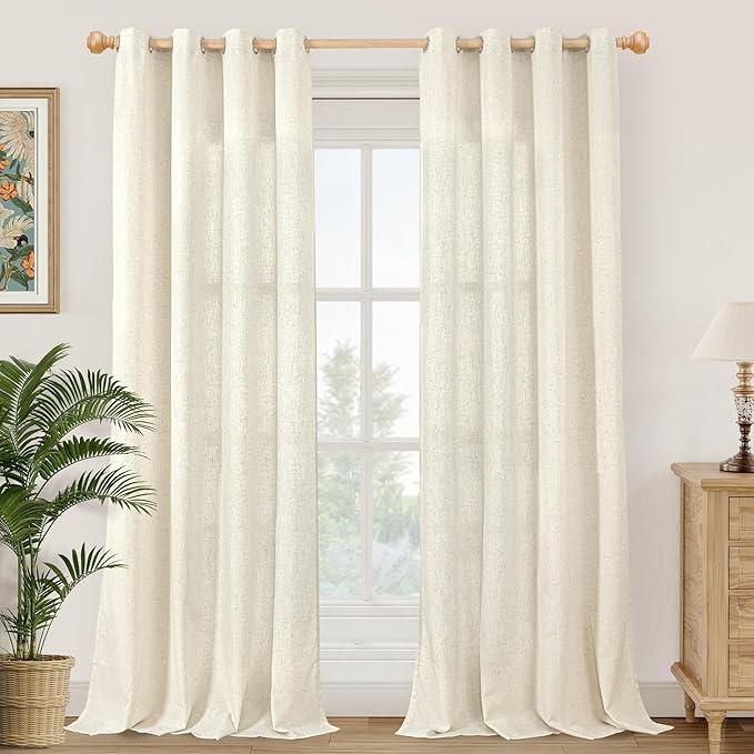 YoungsTex Beige Linen Curtains 84 Inches Long 2 Panels for Living Room, Light Filtering Semi Sheer Drapes with Grommet No See Through Privacy Window Treatments for Bedroom, 52 X 84 Inch