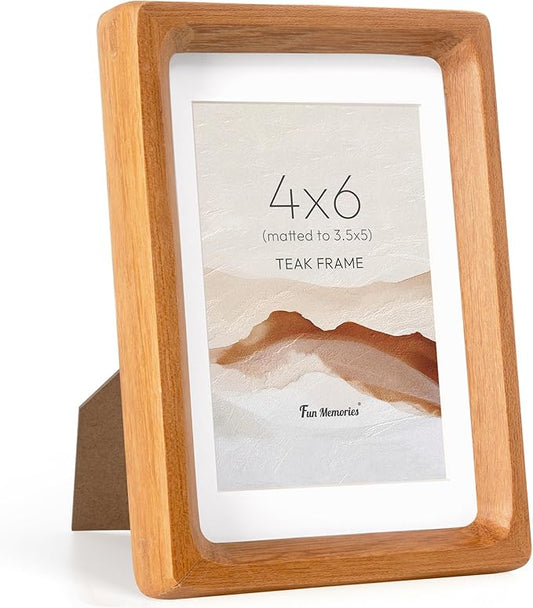 Fun Memories 4x6 Picture Frame, USA-Sourced Teak Wood Photo Frames with HD Tempered Glass, Handcrafted Rounded Corner 4 x 6 Wooden Frame Matted to 3.5x5 Photos, 4x6 Frames, Tabletop or Wall Display